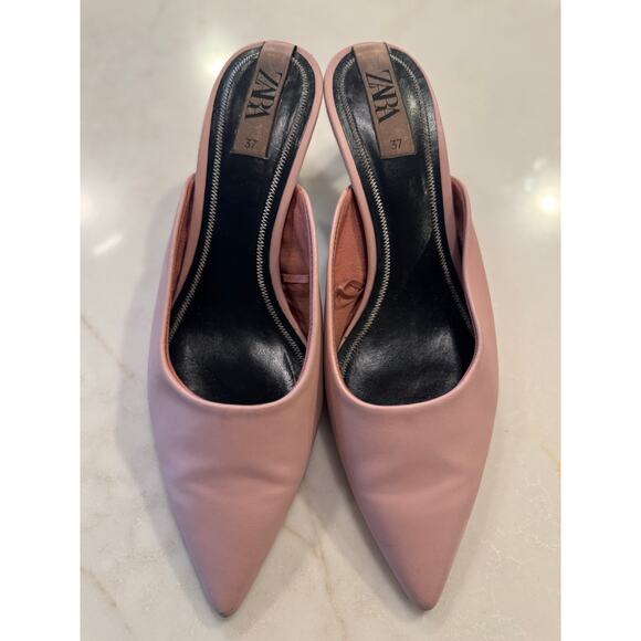 Zara pale pink leather pointy toe kitten heel mule slip ons / size 37 / US 6.5 - Picture 7 of 7